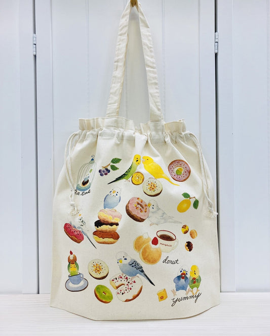 Budgie & Donut Lightweight Cotton Drawstring Tote Bag Eco Bag
