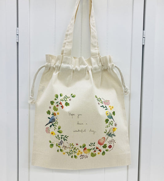 Bird Wreath Lightweight Cotton Drawstring Tote Bag Eco Bag