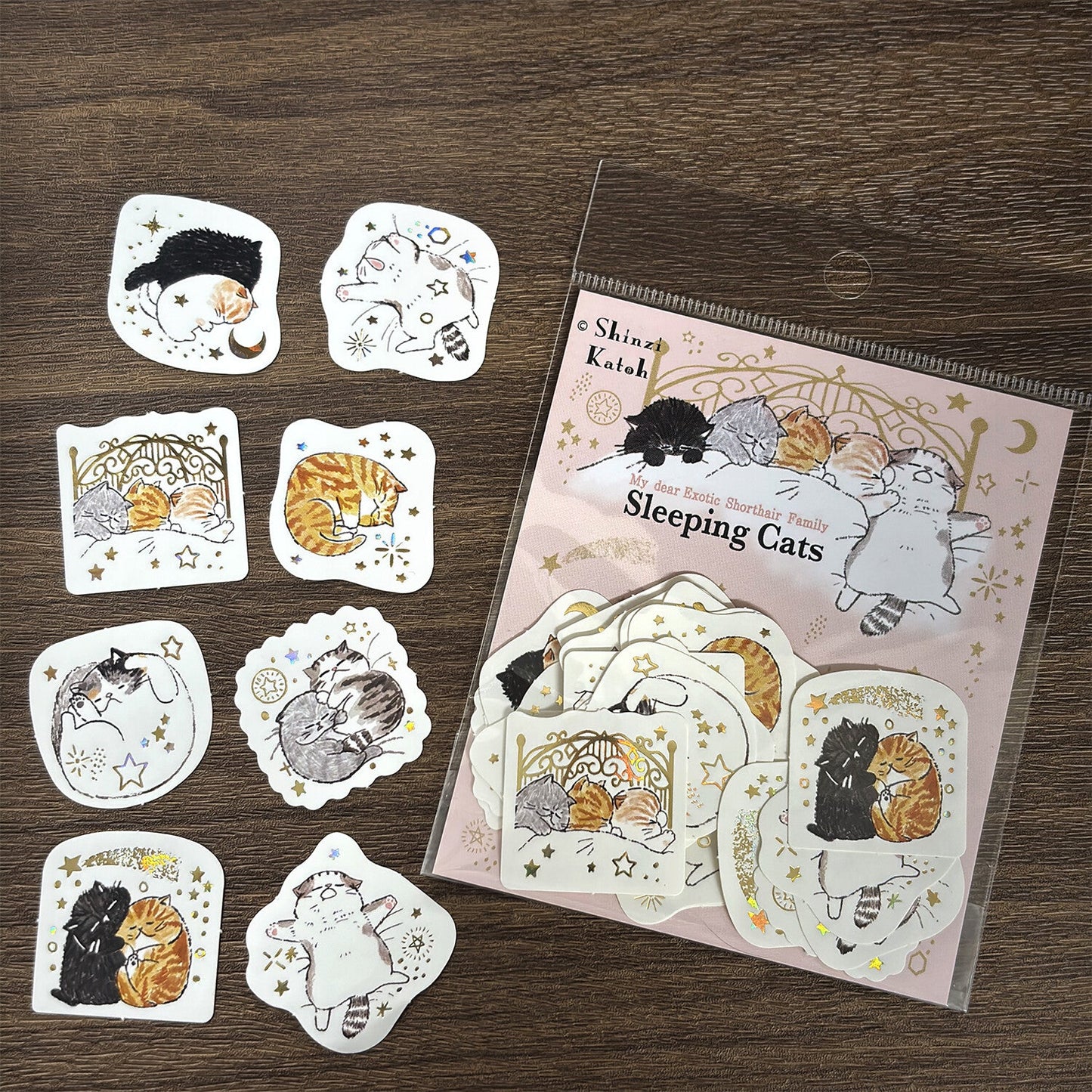 Sleeping Cats Japanese Washi Stickers Pack with Matte Gold Foil Accents