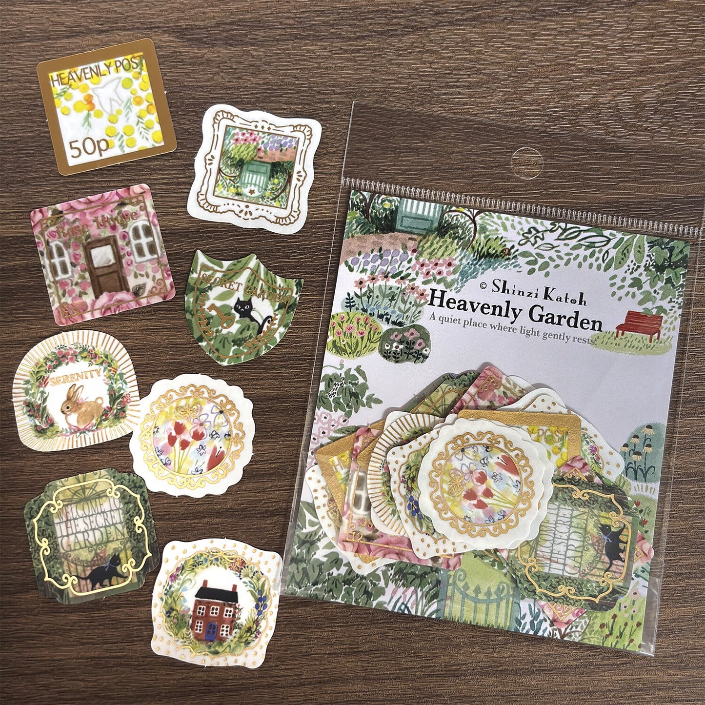 Heavenly Garden Japanese Washi Stickers Pack with Matte Gold Foil Accents