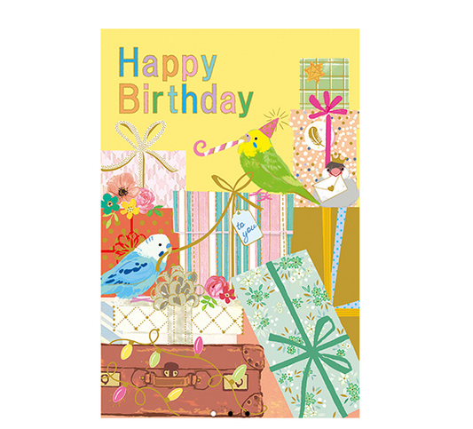 Budgie Java Sparrow Birthday Card with Gold Accent