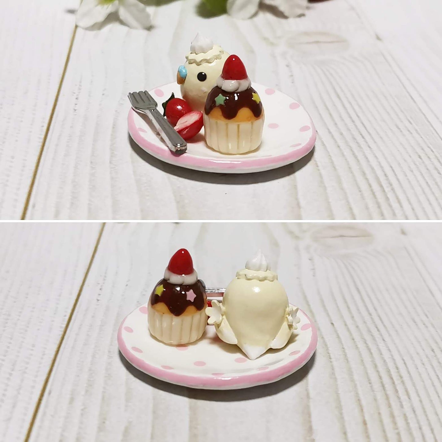 Miniature Japanese Crested Budgie with Strawberry Cupcake