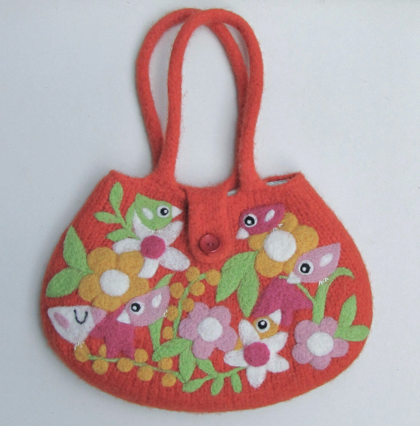 お花と小鳥いっぱいの羊毛フェルトバッグ オレンジ - 小鳥雑貨専門のお店 スウィート・バーディー・ブティック