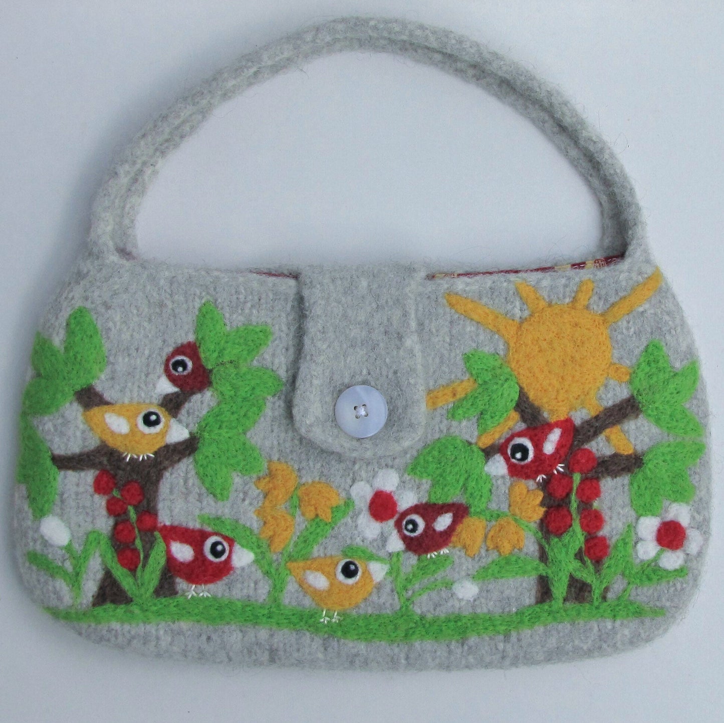 お日様と小鳥いっぱいの羊毛フェルトバッグ ライトグレー - 小鳥雑貨専門のお店 スウィート・バーディー・ブティック