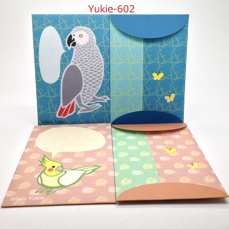 Yukie Sato Sets of 4 Mini Envelopes Cockatiel African Gray Parrot - Boutique SWEET BIRDIE