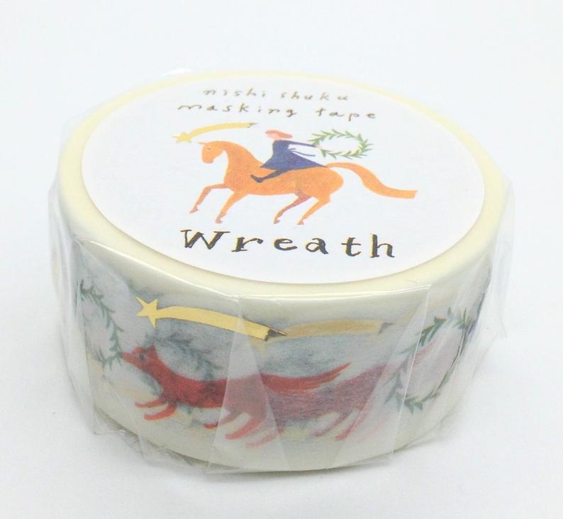 Wreath Japanese Washi Tape Masking Tape with Gold Accent Bird Rabbit Horse Fox