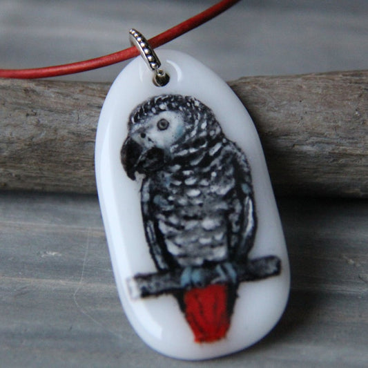 African Gray Parrot Fused Glass Pendant - Boutique SWEET BIRDIE