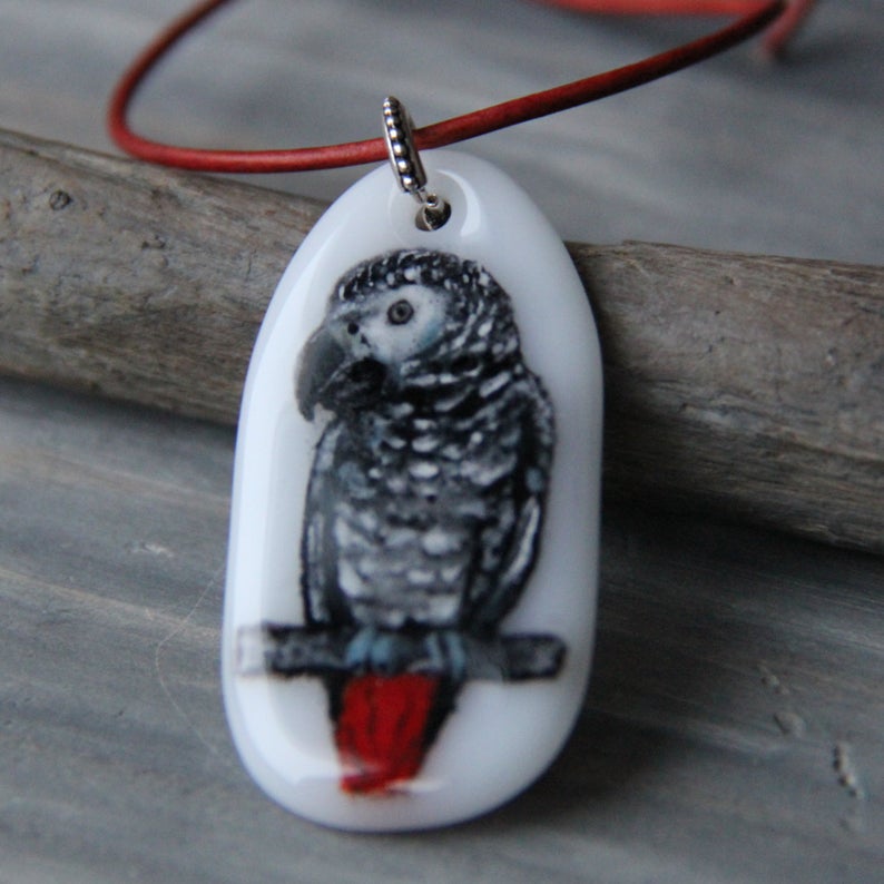 African Gray Parrot Fused Glass Pendant - Boutique SWEET BIRDIE