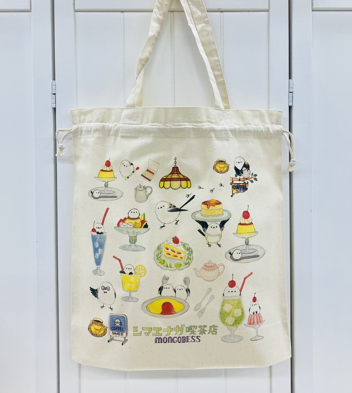 Log-tailed Tit Cafe Lightweight Cotton Drawstring Tote Bag