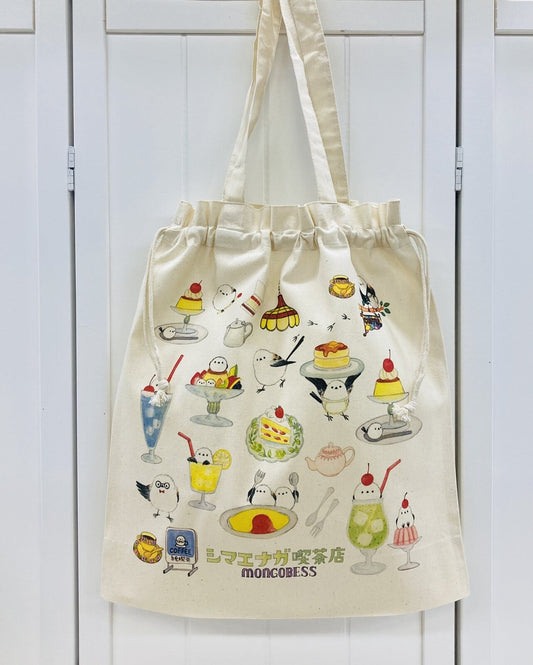 Log-tailed Tit Cafe Lightweight Cotton Drawstring Tote Bag