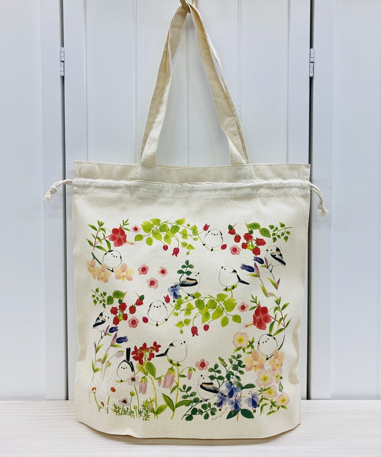 Log-tailed Tit and Flower Lightweight Cotton Drawstring Tote Bag