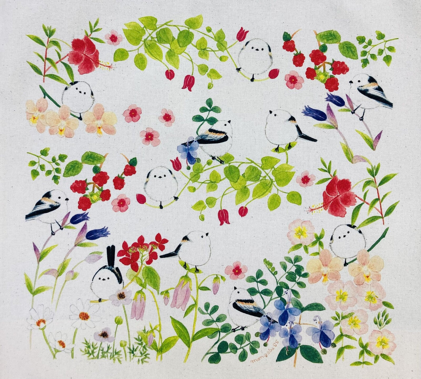 Log-tailed Tit and Flower Lightweight Cotton Drawstring Tote Bag