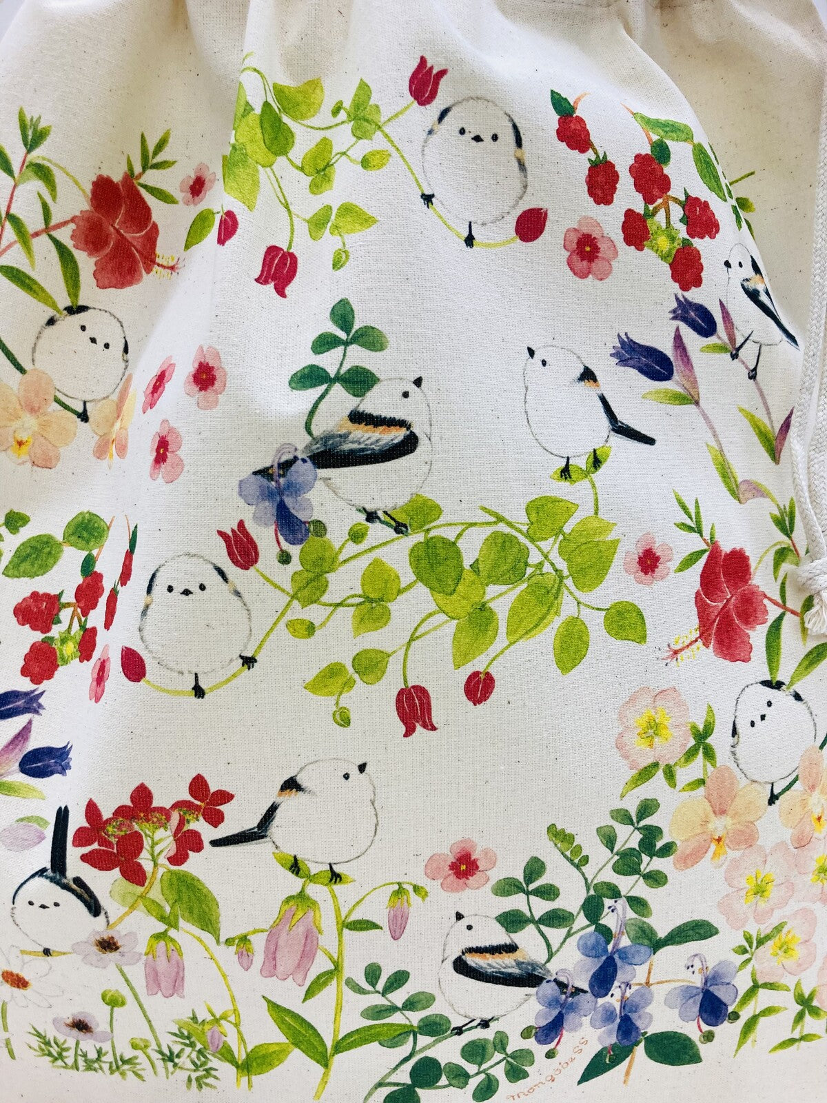 Log-tailed Tit and Flower Lightweight Cotton Drawstring Tote Bag