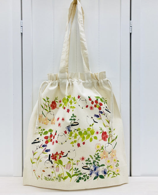 Log-tailed Tit and Flower Lightweight Cotton Drawstring Tote Bag