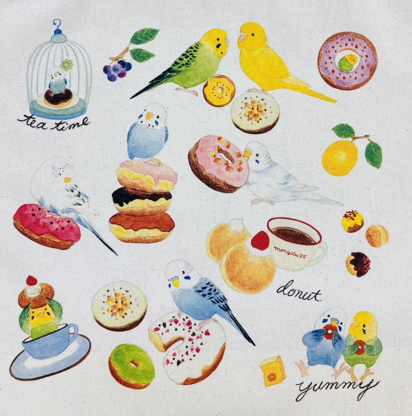 Budgie & Donut Lightweight Cotton Drawstring Tote Bag Eco Bag