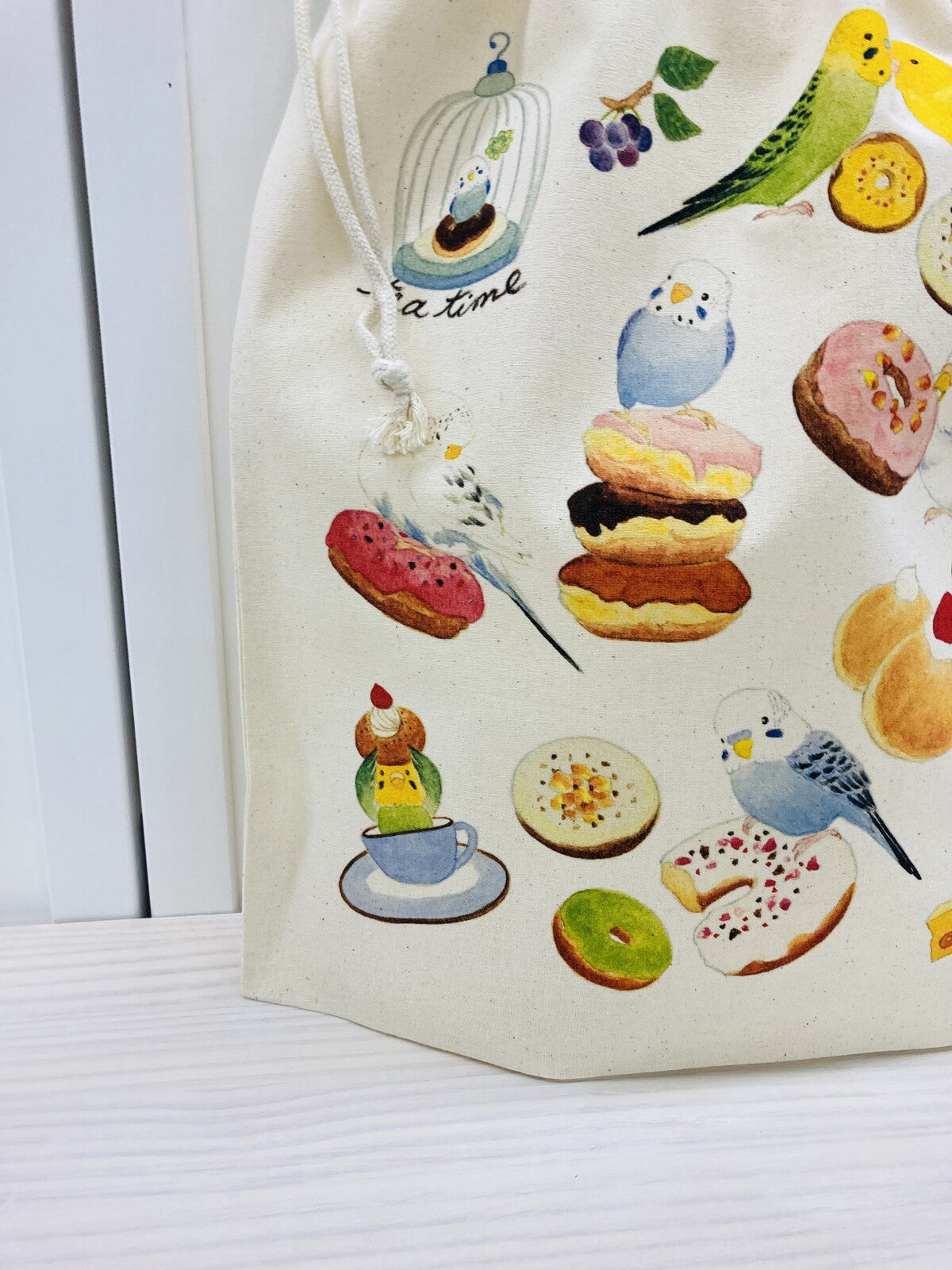 Budgie & Donut Lightweight Cotton Drawstring Tote Bag Eco Bag