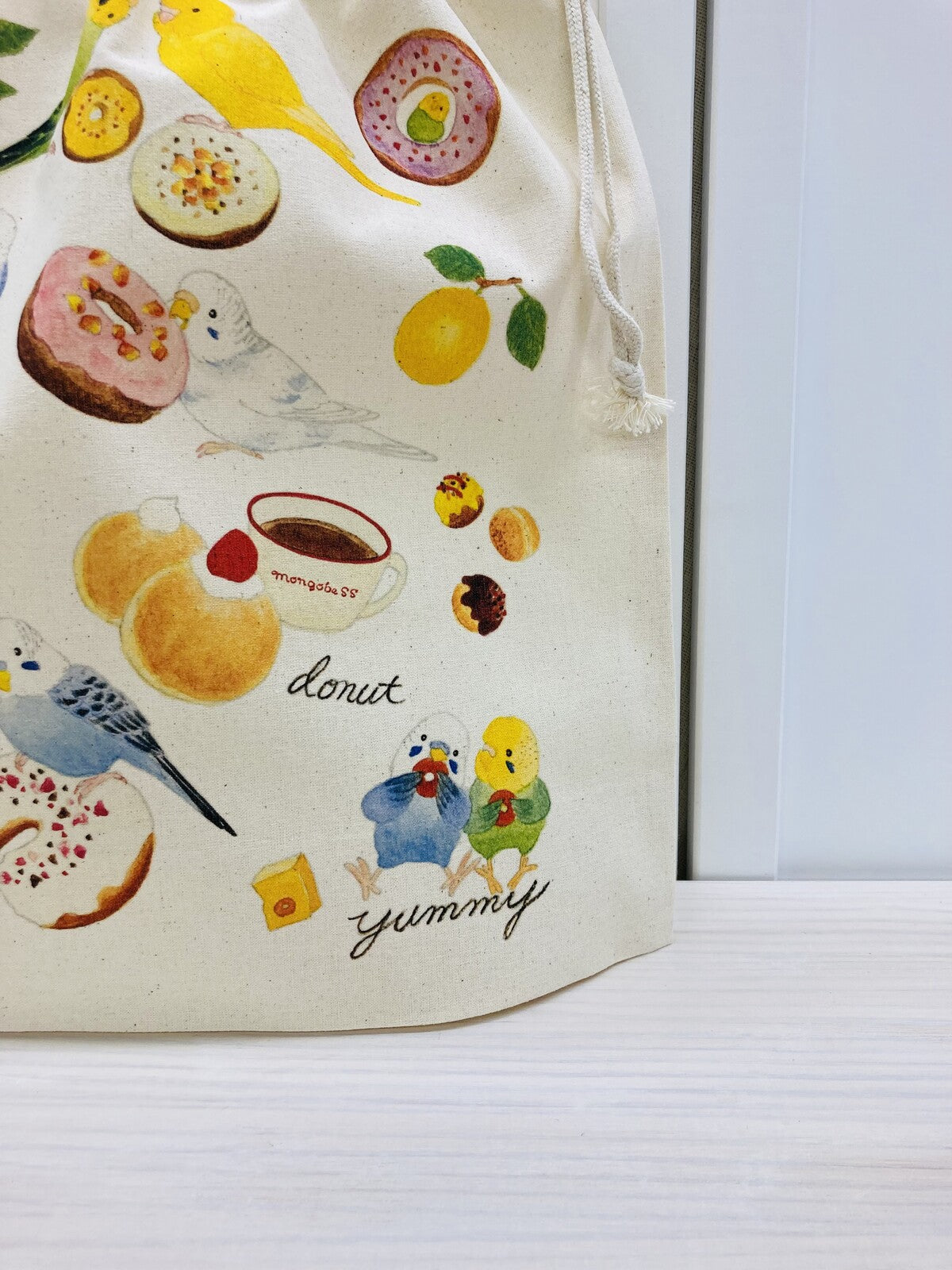 Budgie & Donut Lightweight Cotton Drawstring Tote Bag Eco Bag