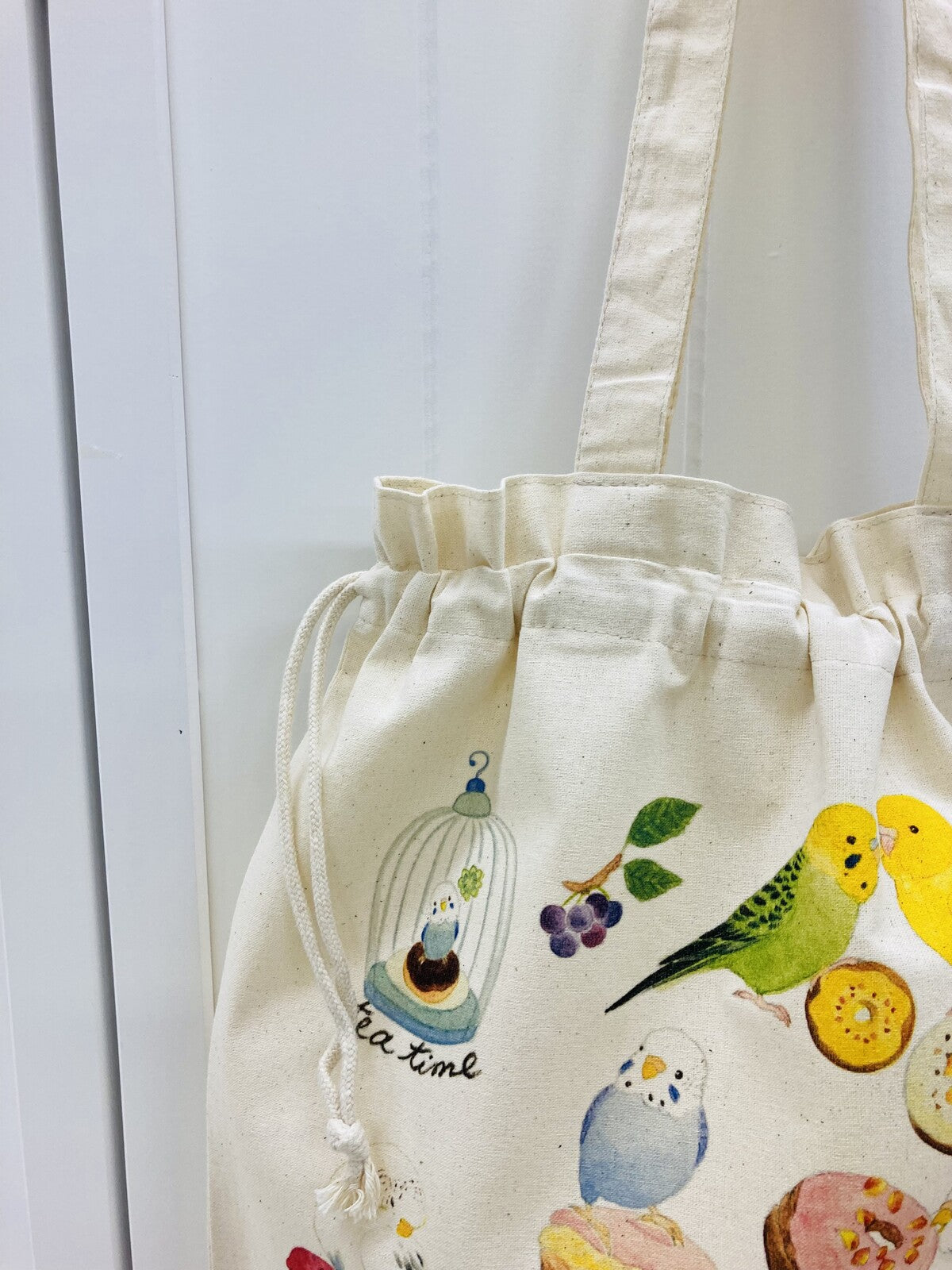 Budgie & Donut Lightweight Cotton Drawstring Tote Bag Eco Bag