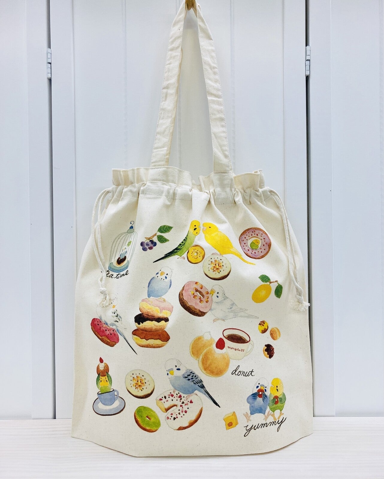 Budgie & Donut Lightweight Cotton Drawstring Tote Bag Eco Bag