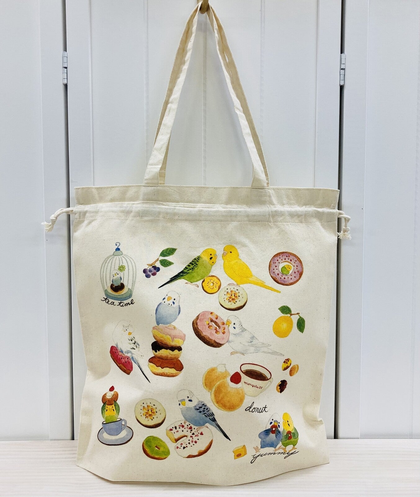 Budgie & Donut Lightweight Cotton Drawstring Tote Bag Eco Bag