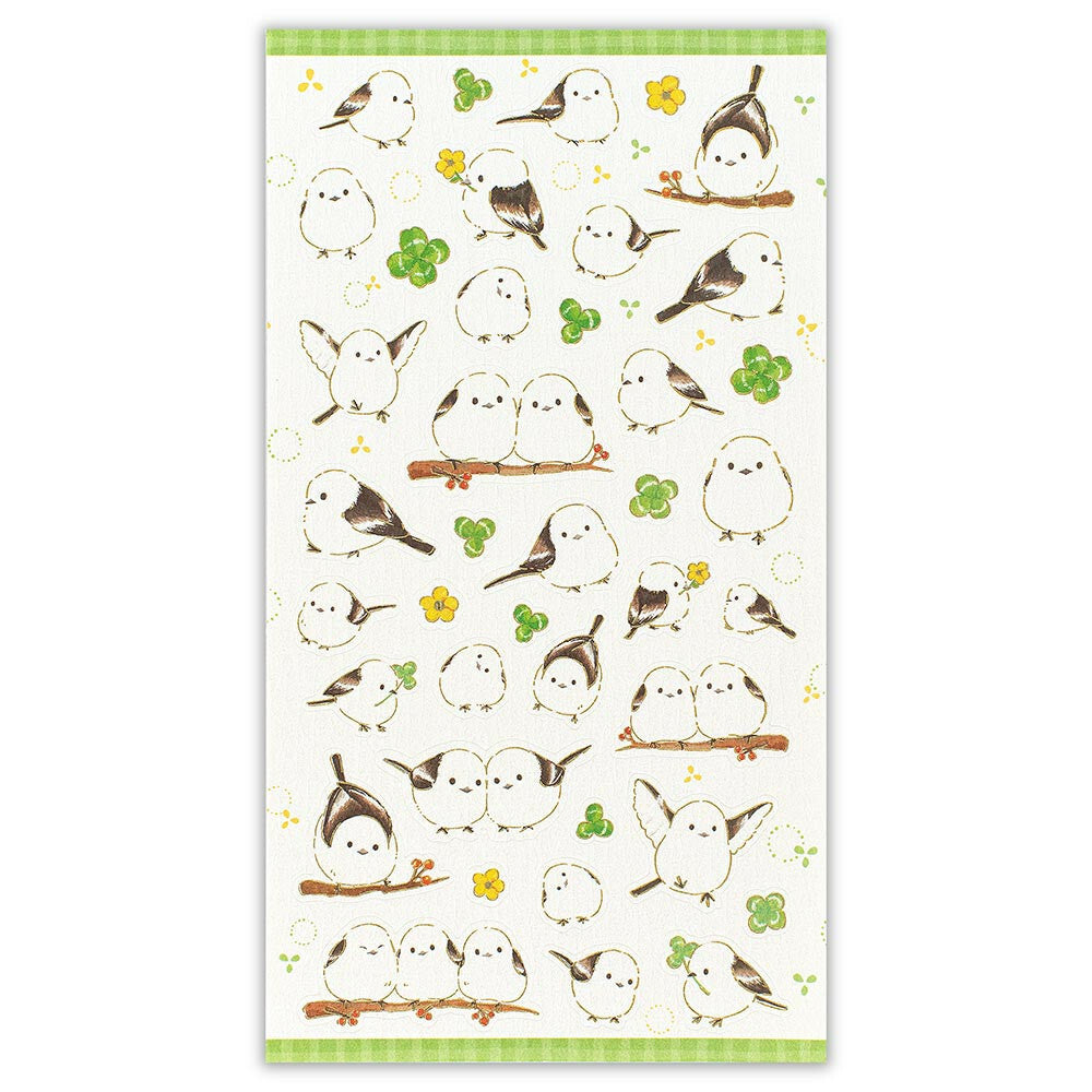 Long-tailed Tit & Clover Japanese Washi Stickers with Gold Accent