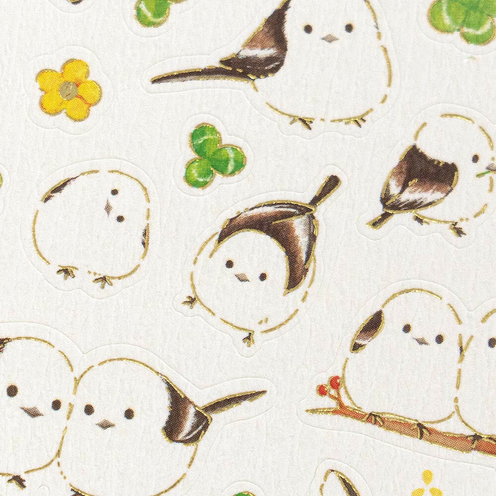 Long-tailed Tit & Clover Japanese Washi Stickers with Gold Accent