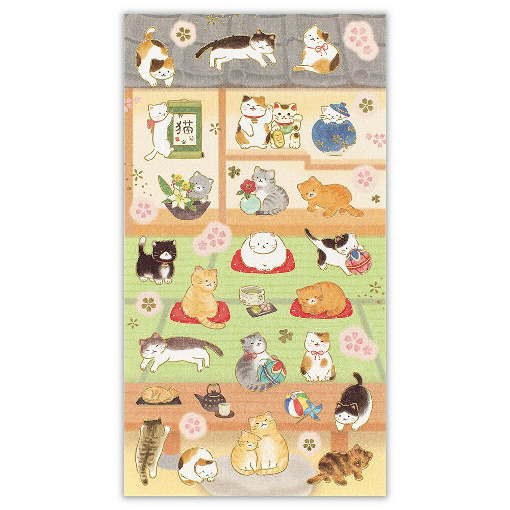 Cat & Japanese Room Japanese Washi Stickers with Gold Accent