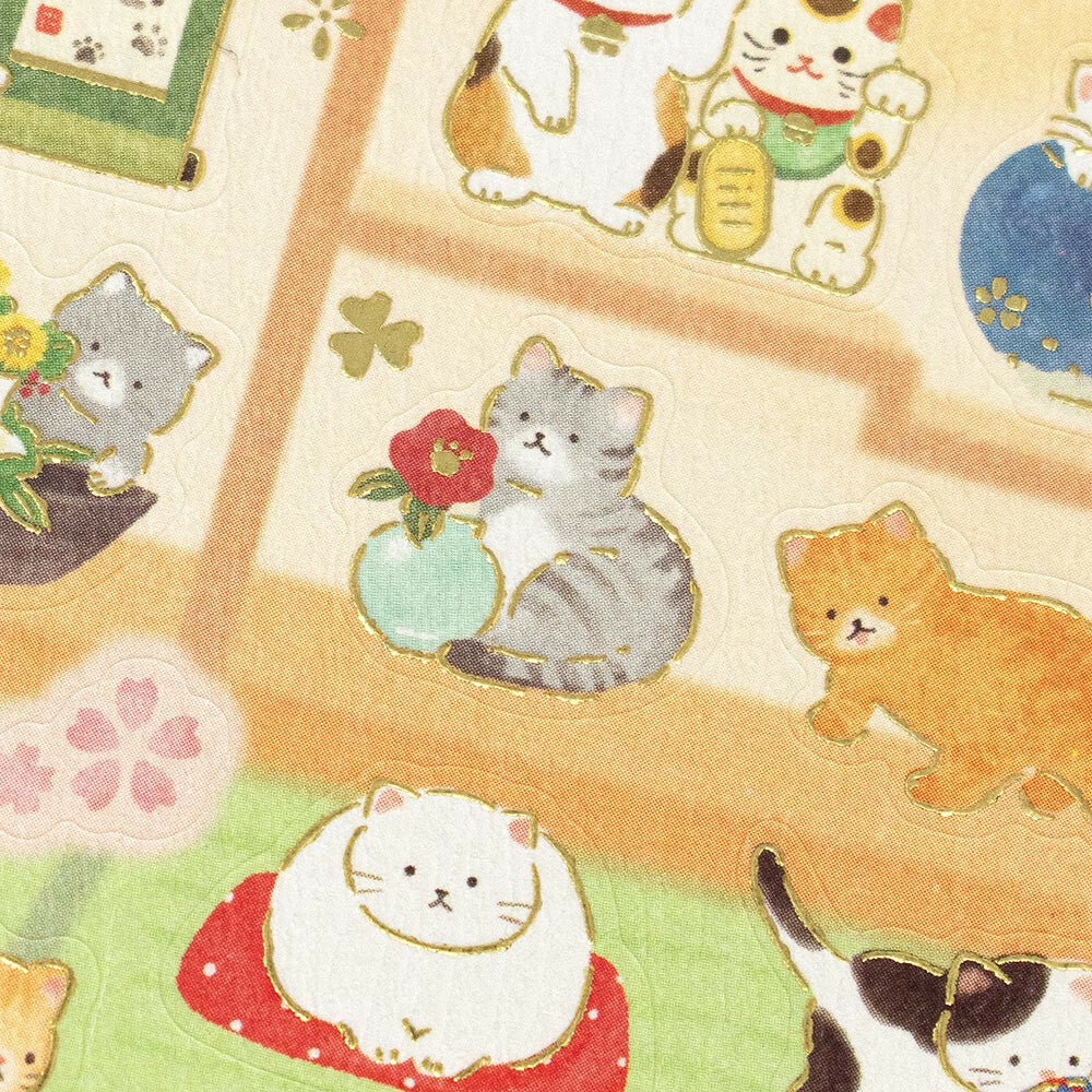 Cat & Japanese Room Japanese Washi Stickers with Gold Accent