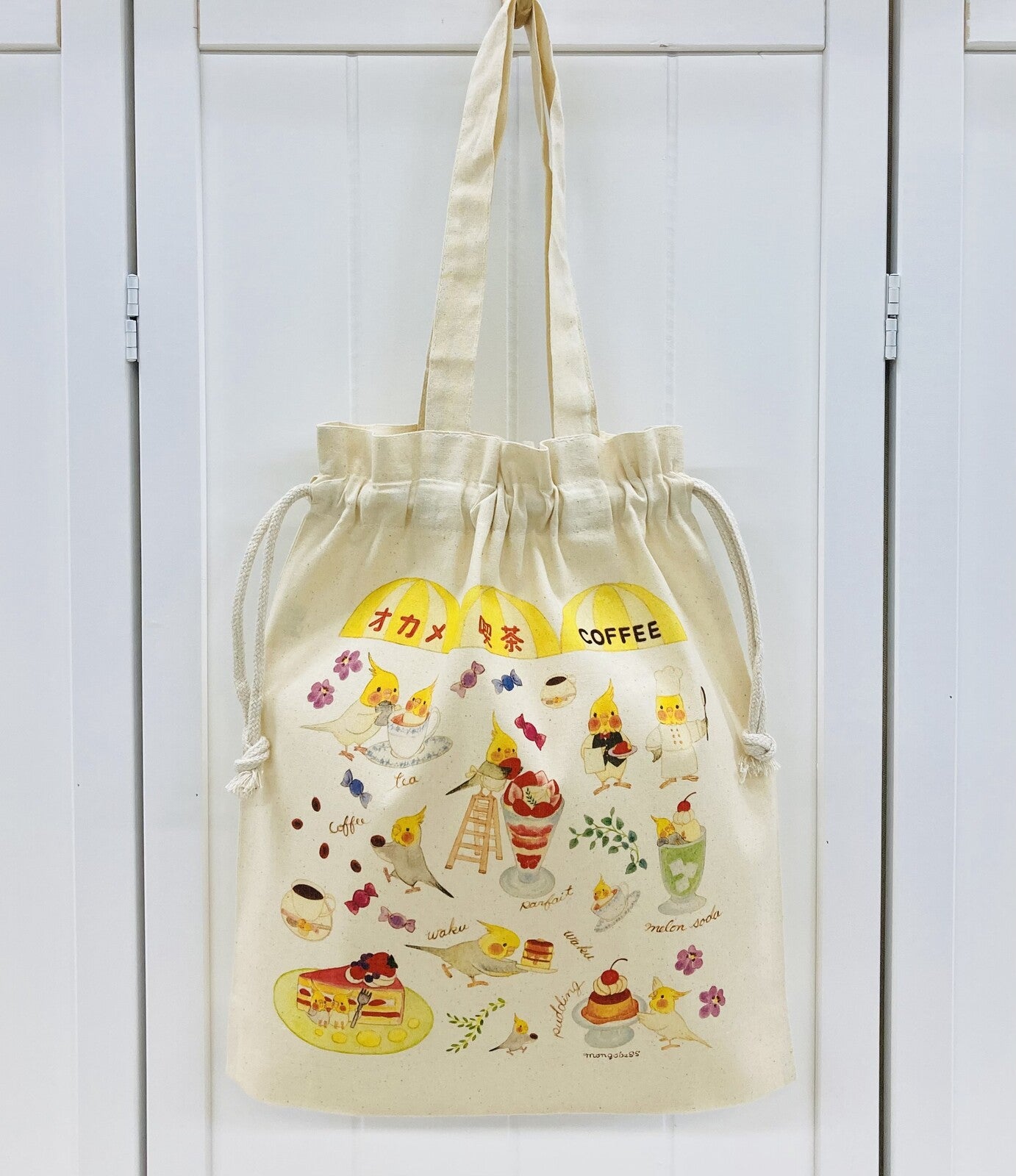 Cockatiel Cafe Lightweight Cotton Drawstring Tote Bag