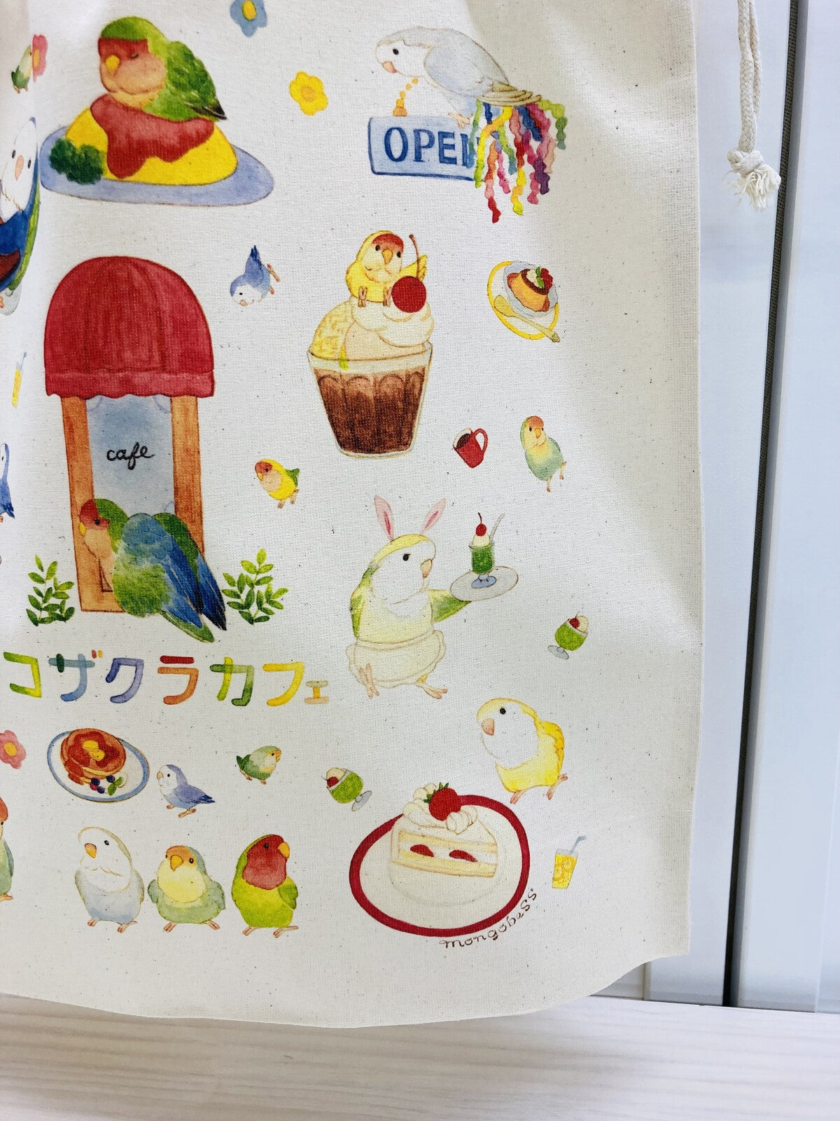 Lovebird Cafe Lightweight Cotton Drawstring Tote Bag