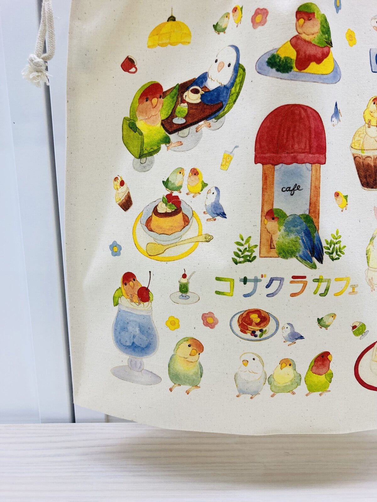 Lovebird Cafe Lightweight Cotton Drawstring Tote Bag