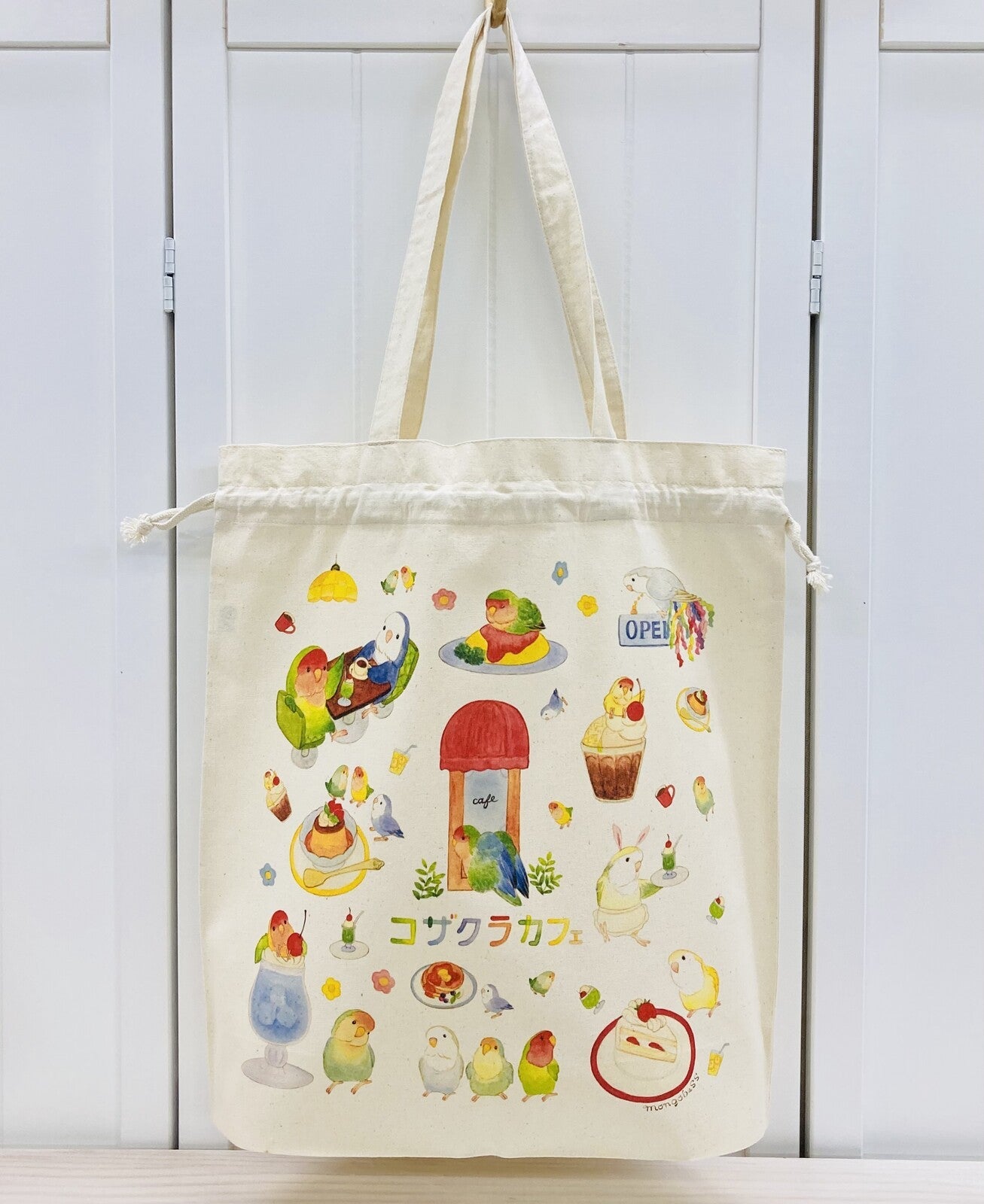 Lovebird Cafe Lightweight Cotton Drawstring Tote Bag