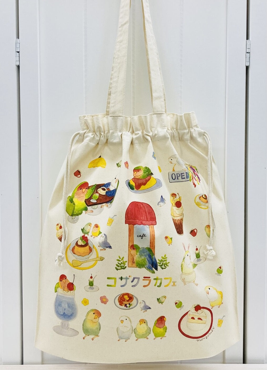 Lovebird Cafe Lightweight Cotton Drawstring Tote Bag