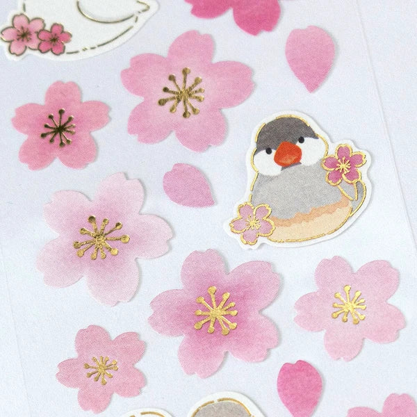 Java Sparrow & Cherry Blossom Japanese Washi Stickers with Gold Accent