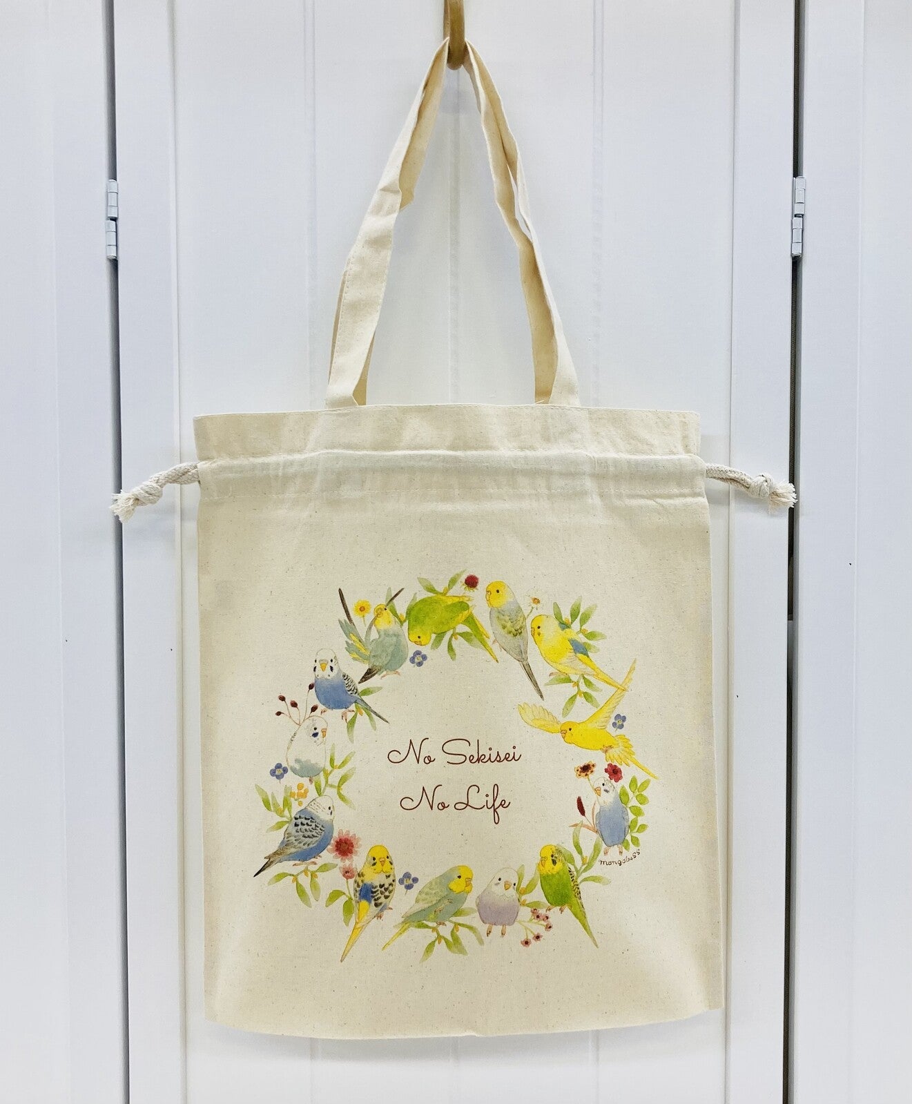 Budgie Wreath Lightweight Cotton Drawstring Tote Bag Eco Bag