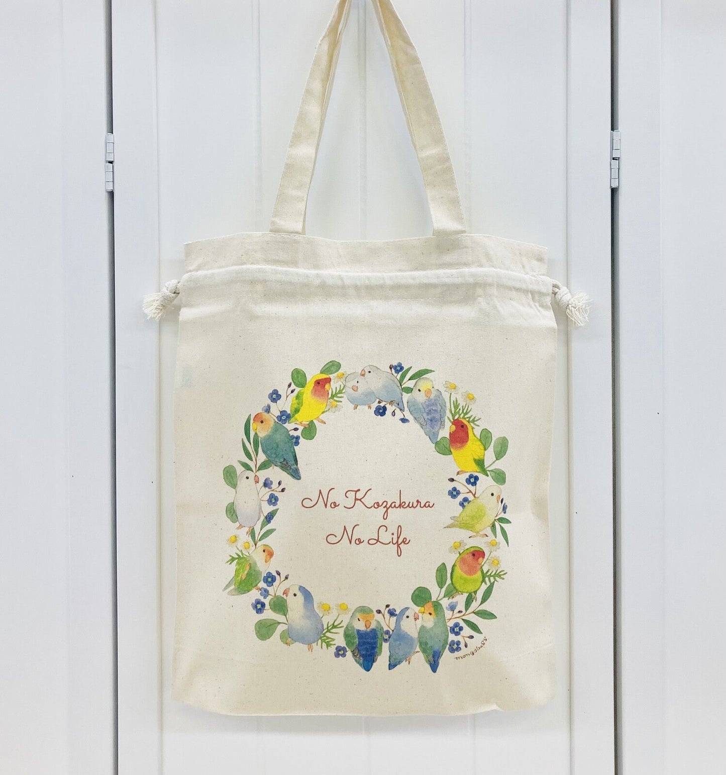 Lovebird Wreath Lightweight Cotton Drawstring Tote Bag Eco Bag