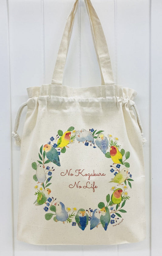 Lovebird Wreath Lightweight Cotton Drawstring Tote Bag Eco Bag