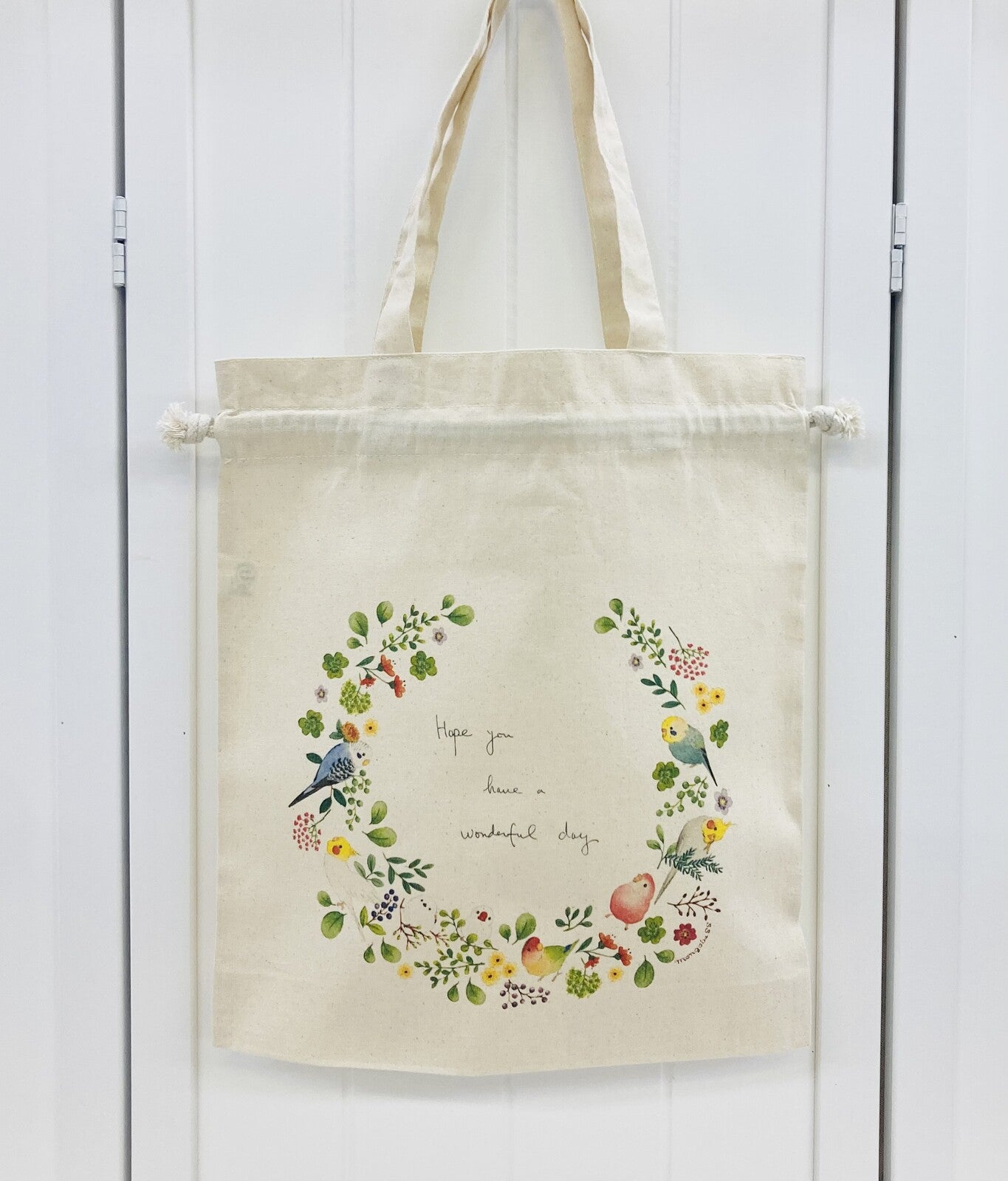 Bird Wreath Lightweight Cotton Drawstring Tote Bag Eco Bag