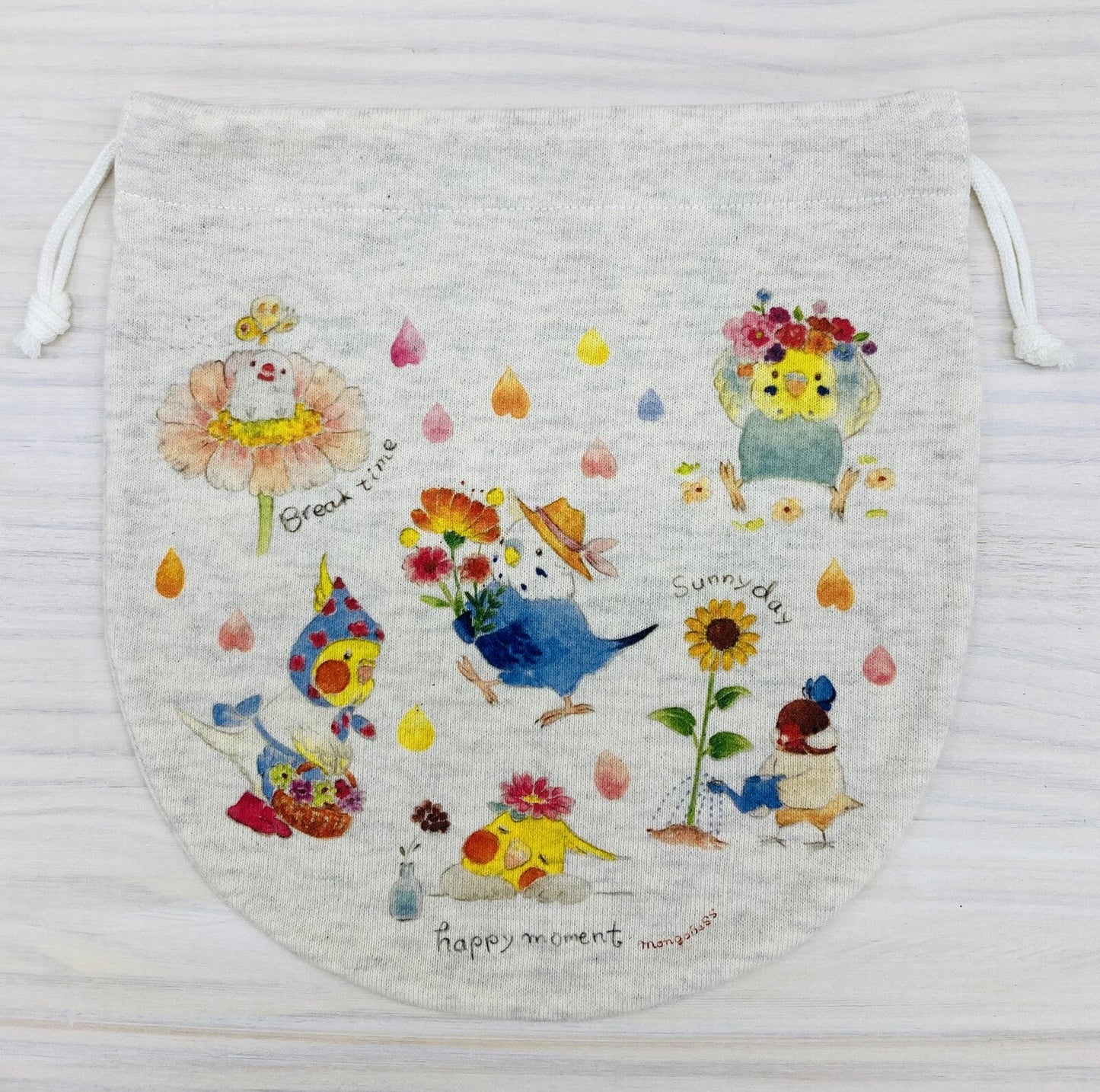 Birds & Flower Drawstring Bag Medium Size