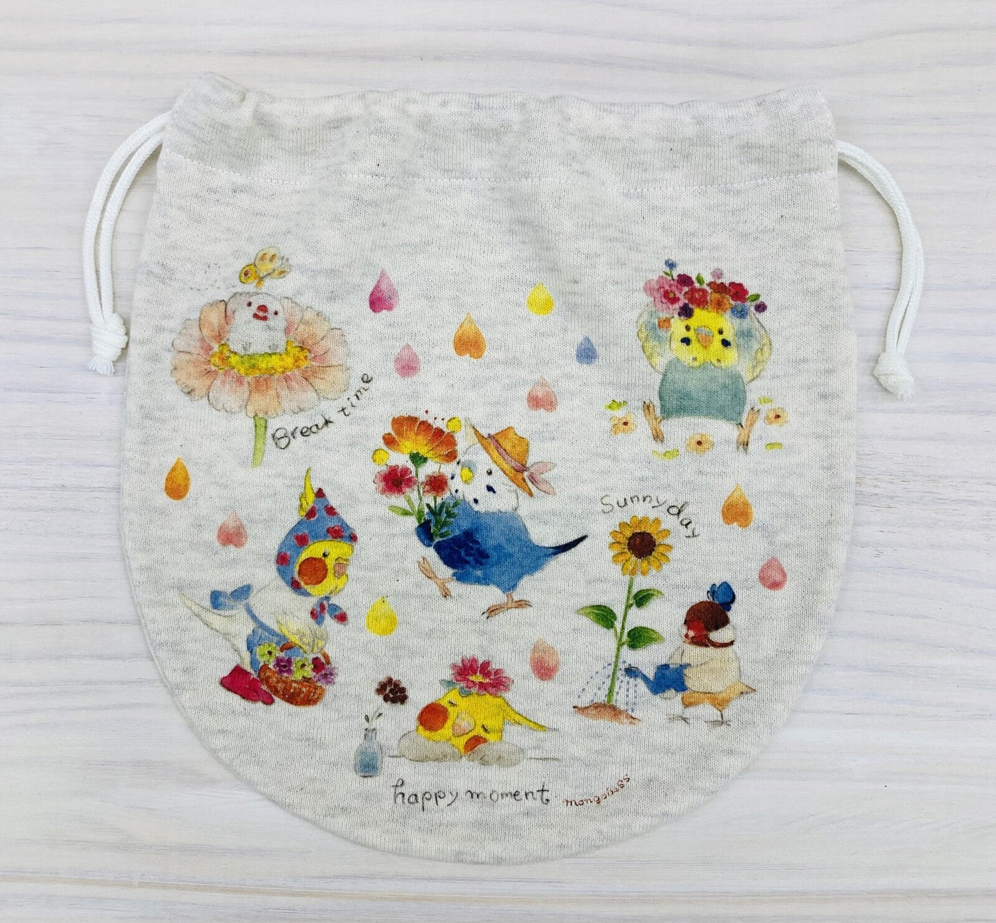 Birds & Flower Drawstring Bag Medium Size