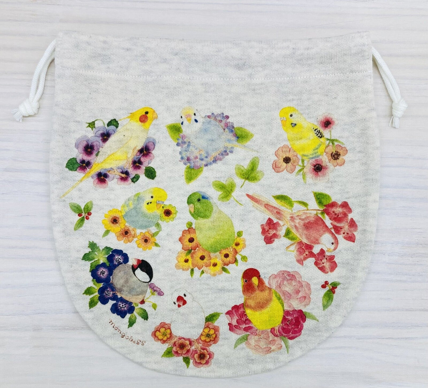 Birds &  Flower Drawstring Bag Medium Size