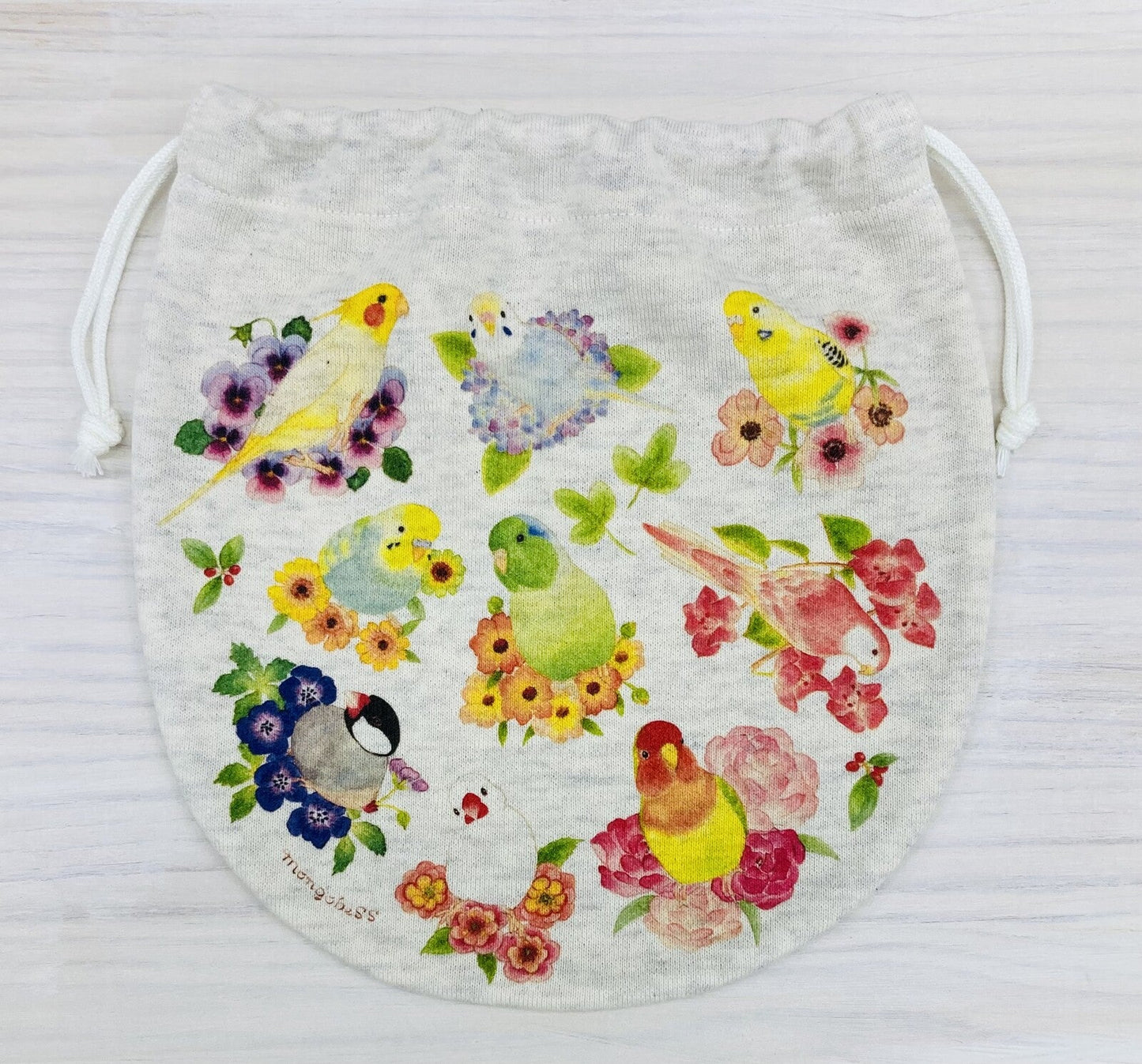 Birds &  Flower Drawstring Bag Medium Size