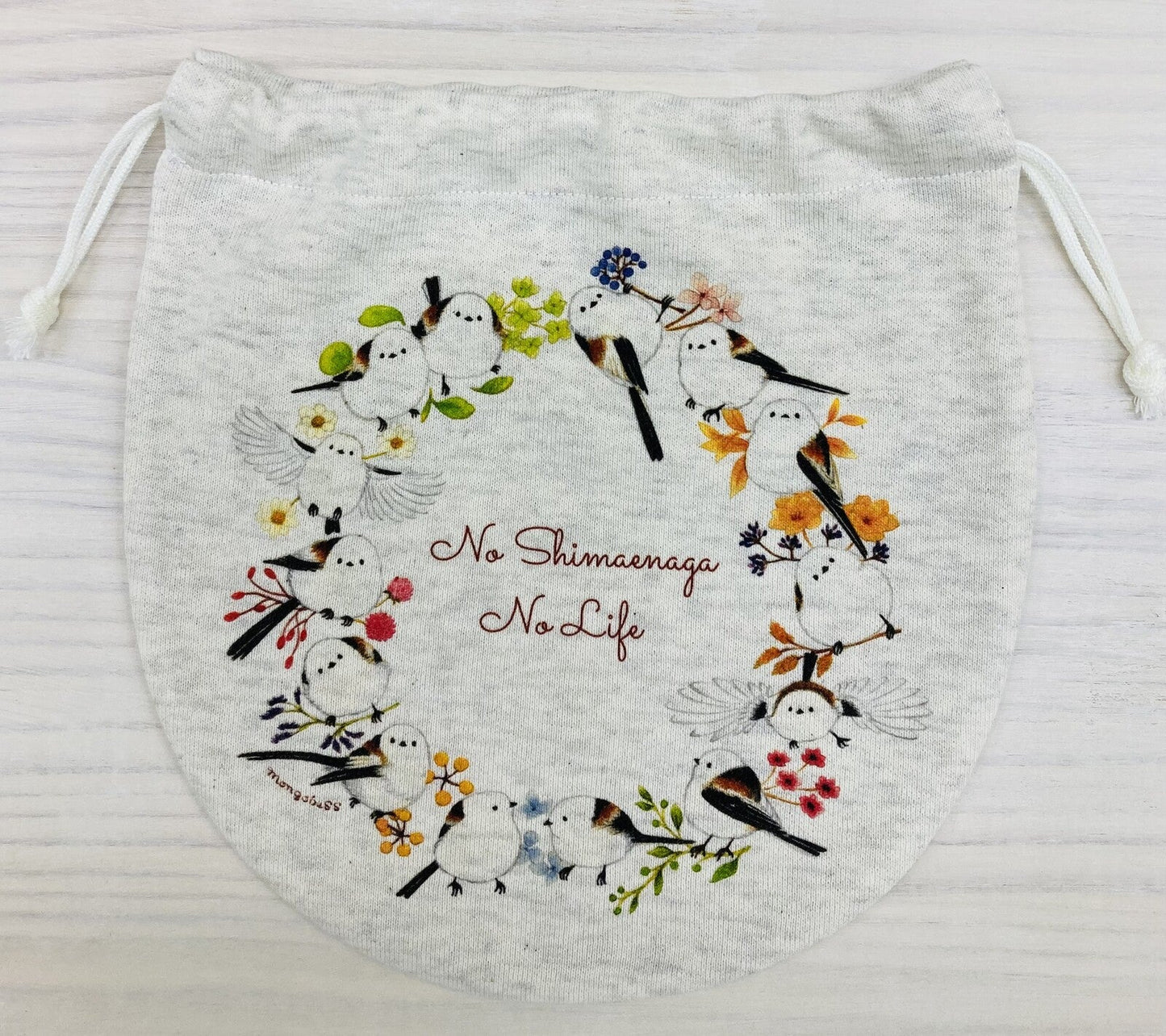 Long-tailed Tit Wreath Drawstring Bag Medium Size