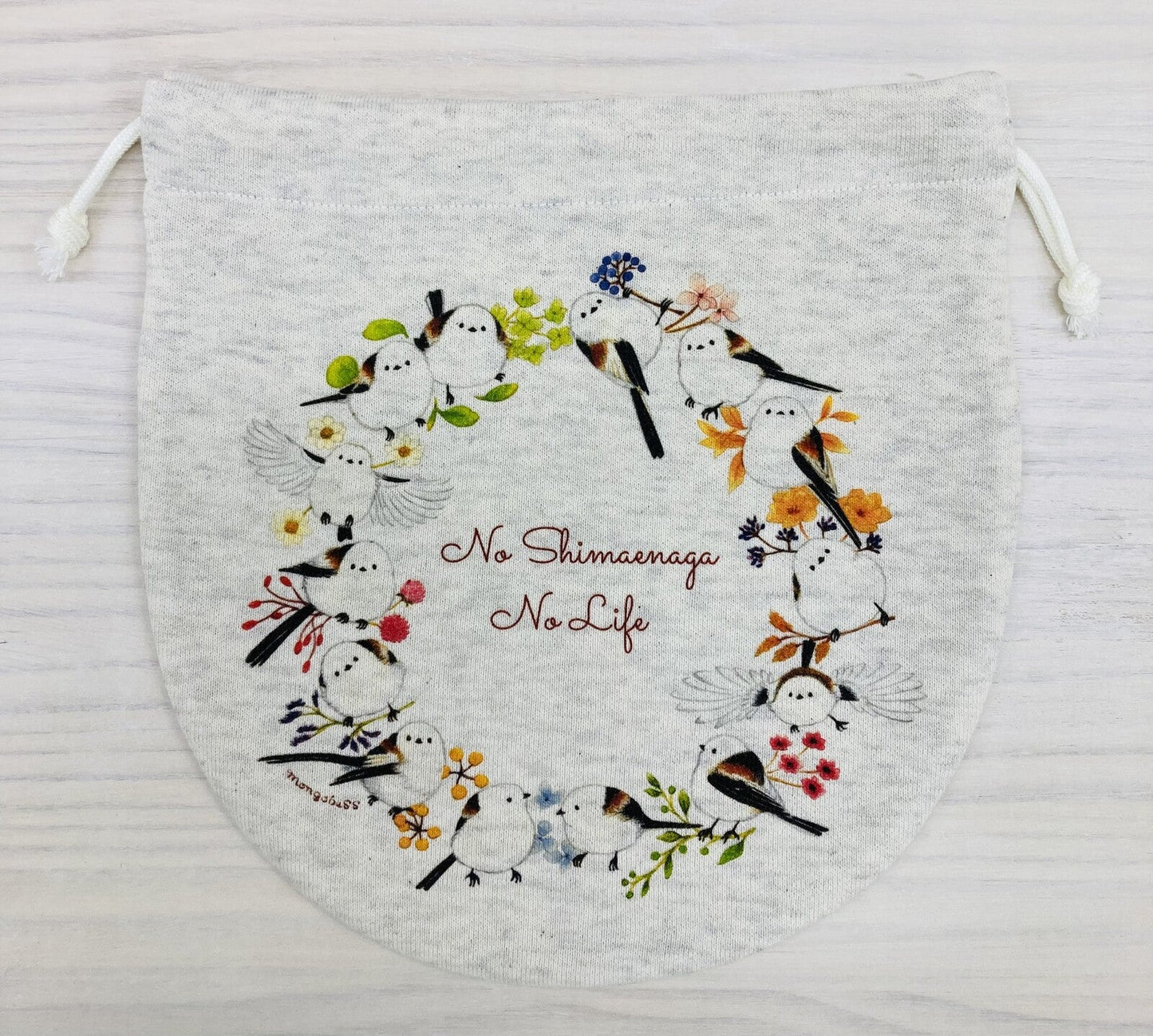 Long-tailed Tit Wreath Drawstring Bag Medium Size