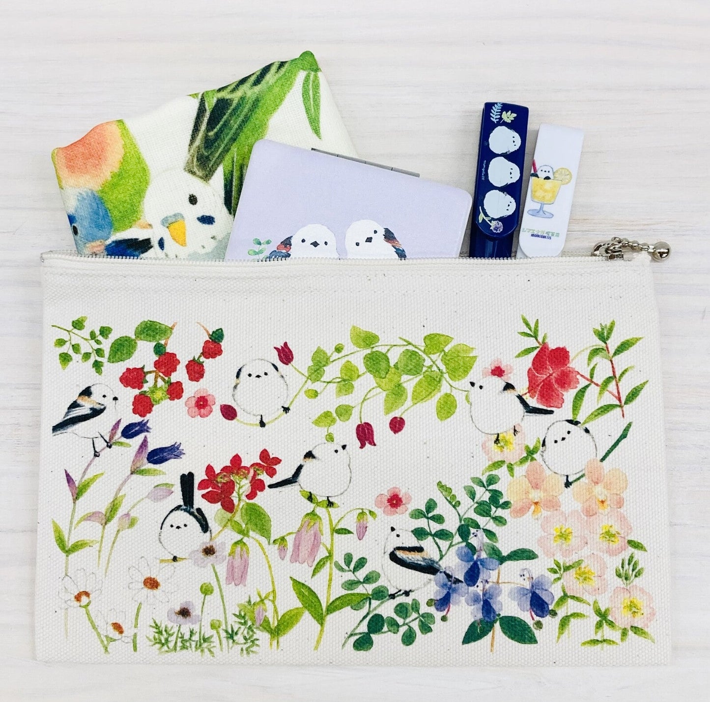 Long-tailed Tit and Flower Zipper Pouch - Sweet Birdie Boutique International