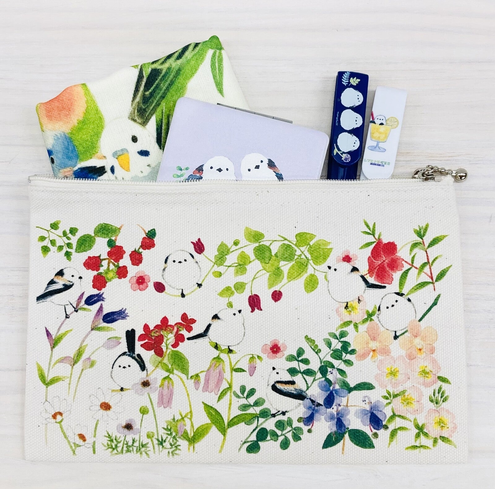 Long-tailed Tit and Flower Zipper Pouch - Sweet Birdie Boutique International