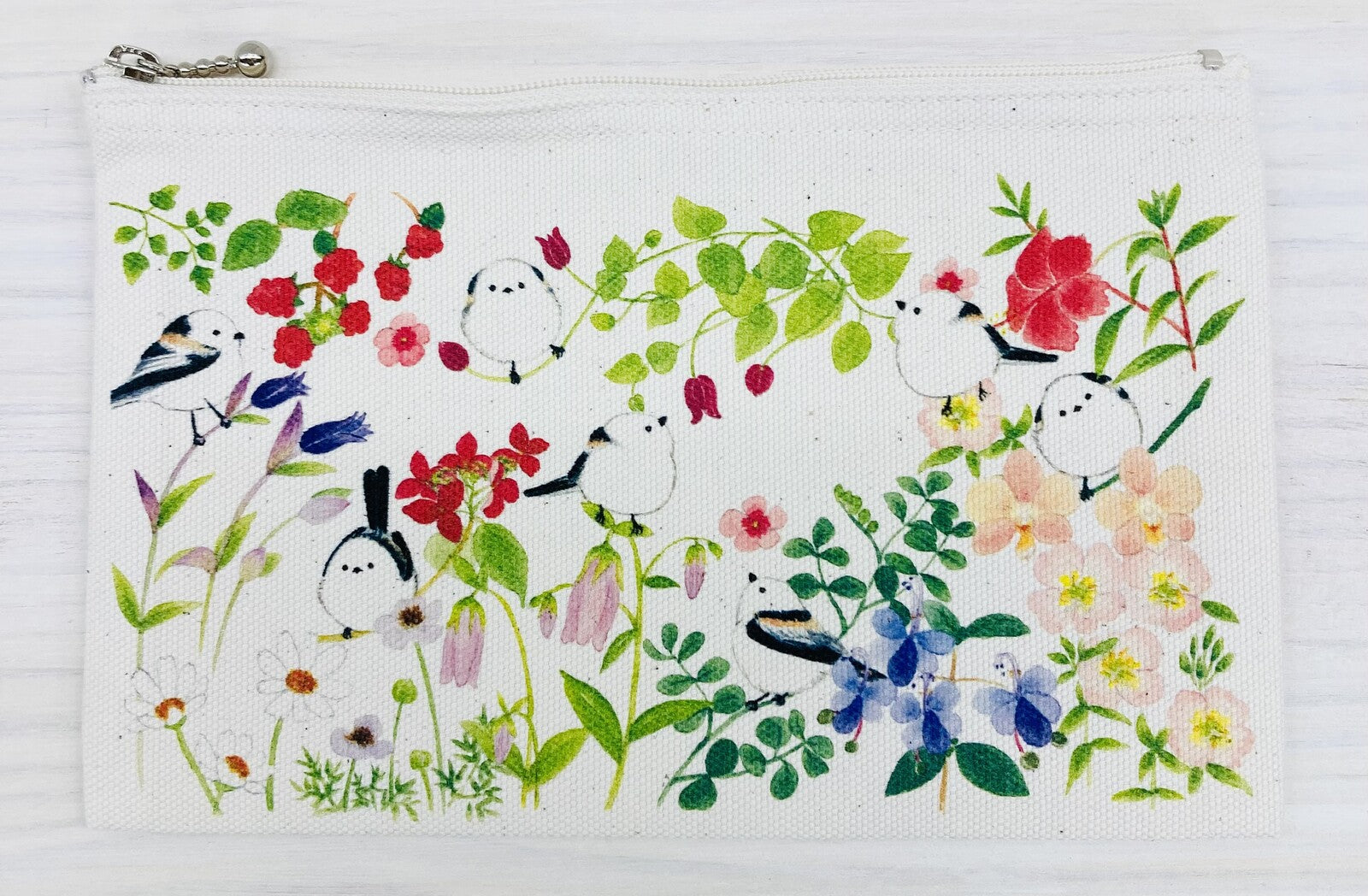 Long-tailed Tit and Flower Zipper Pouch - Sweet Birdie Boutique International