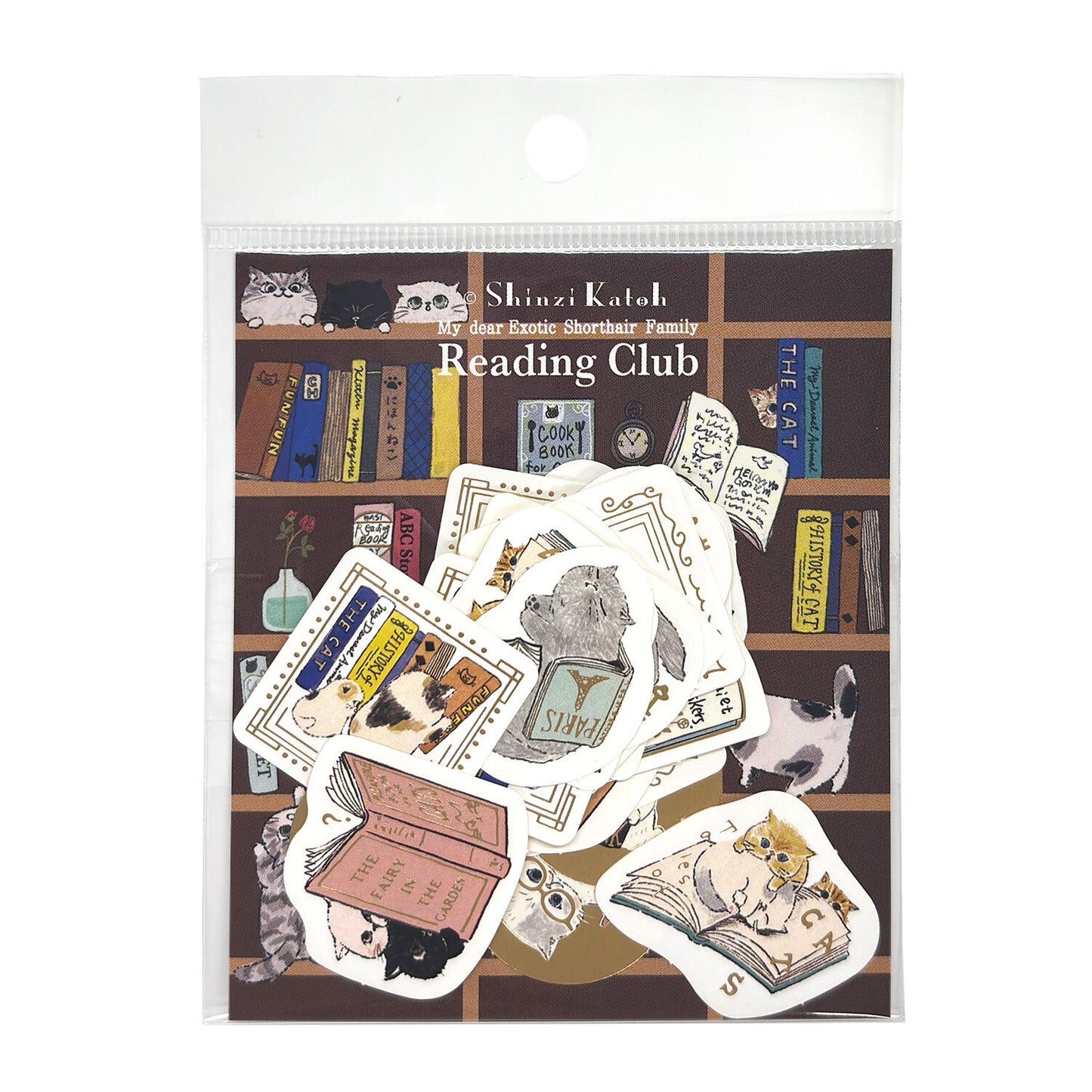 Cat Reading Club Japanese Washi Stickers Pack with Matte Gold Foil Accents