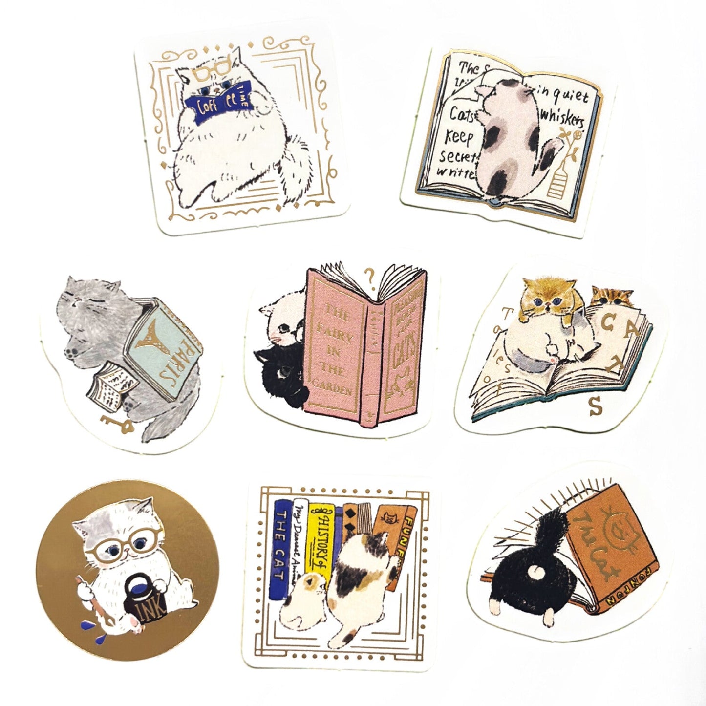 Cat Reading Club Japanese Washi Stickers Pack with Matte Gold Foil Accents