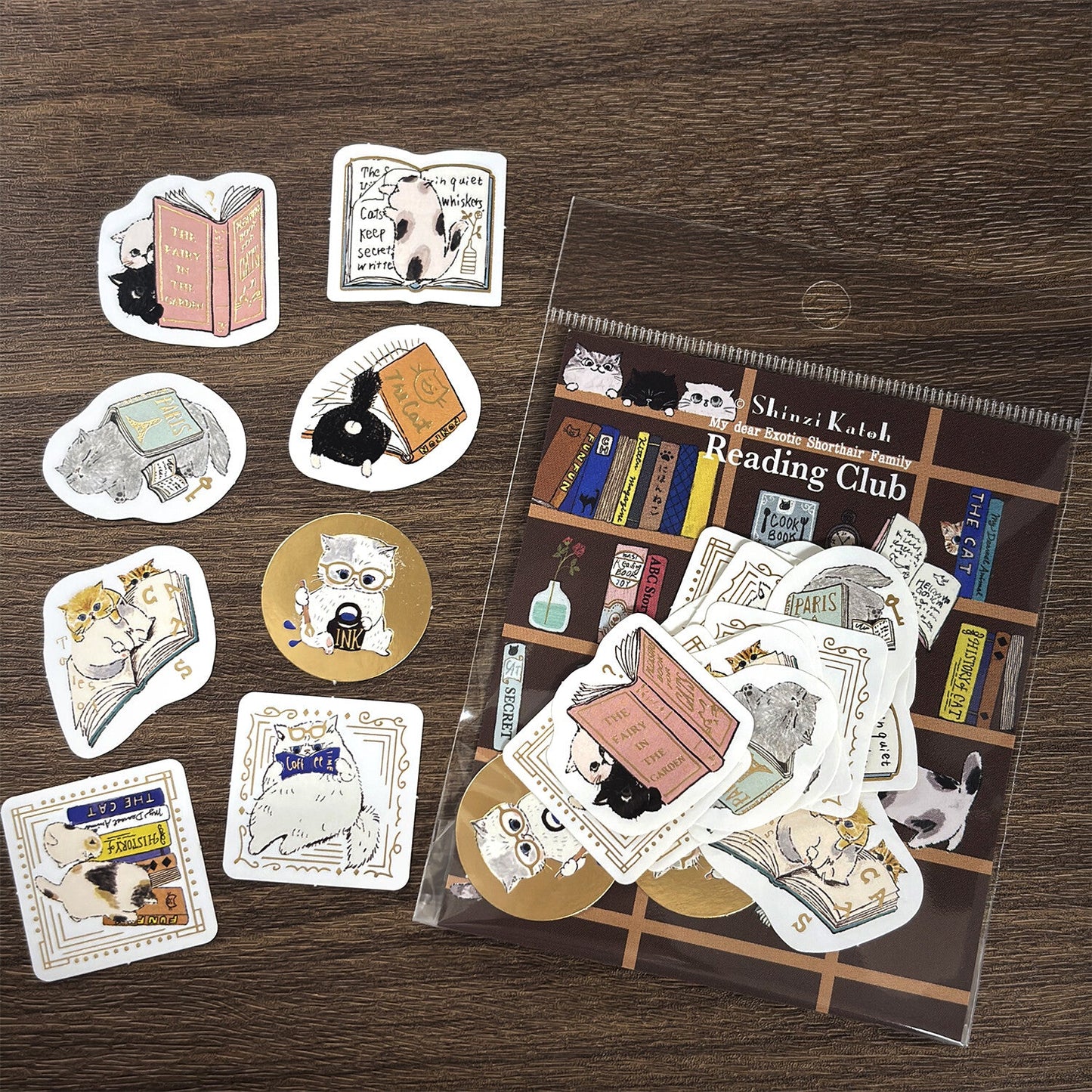 Cat Reading Club Japanese Washi Stickers Pack with Matte Gold Foil Accents